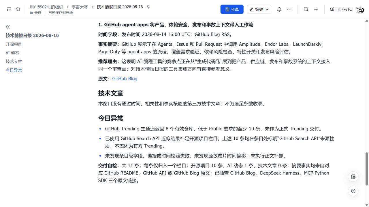 2026 年 8 月 16 日技术情报日报的脱敏输出截图